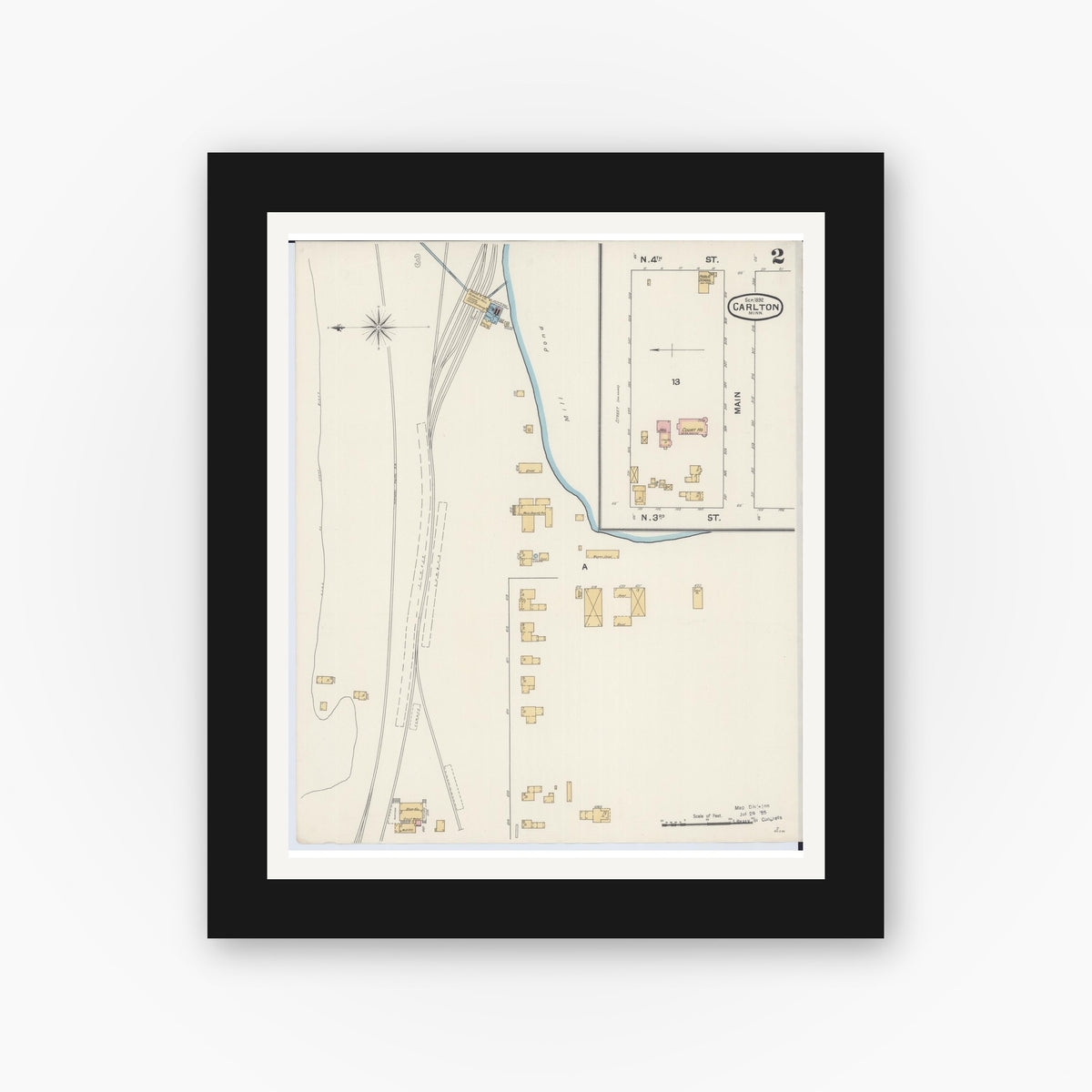 Old map wall art mockup — black gallery frame with white mat — Sanborn Fire Insurance Map from Carlton, Carlton County, Minnesota (1892), Sheet #0002