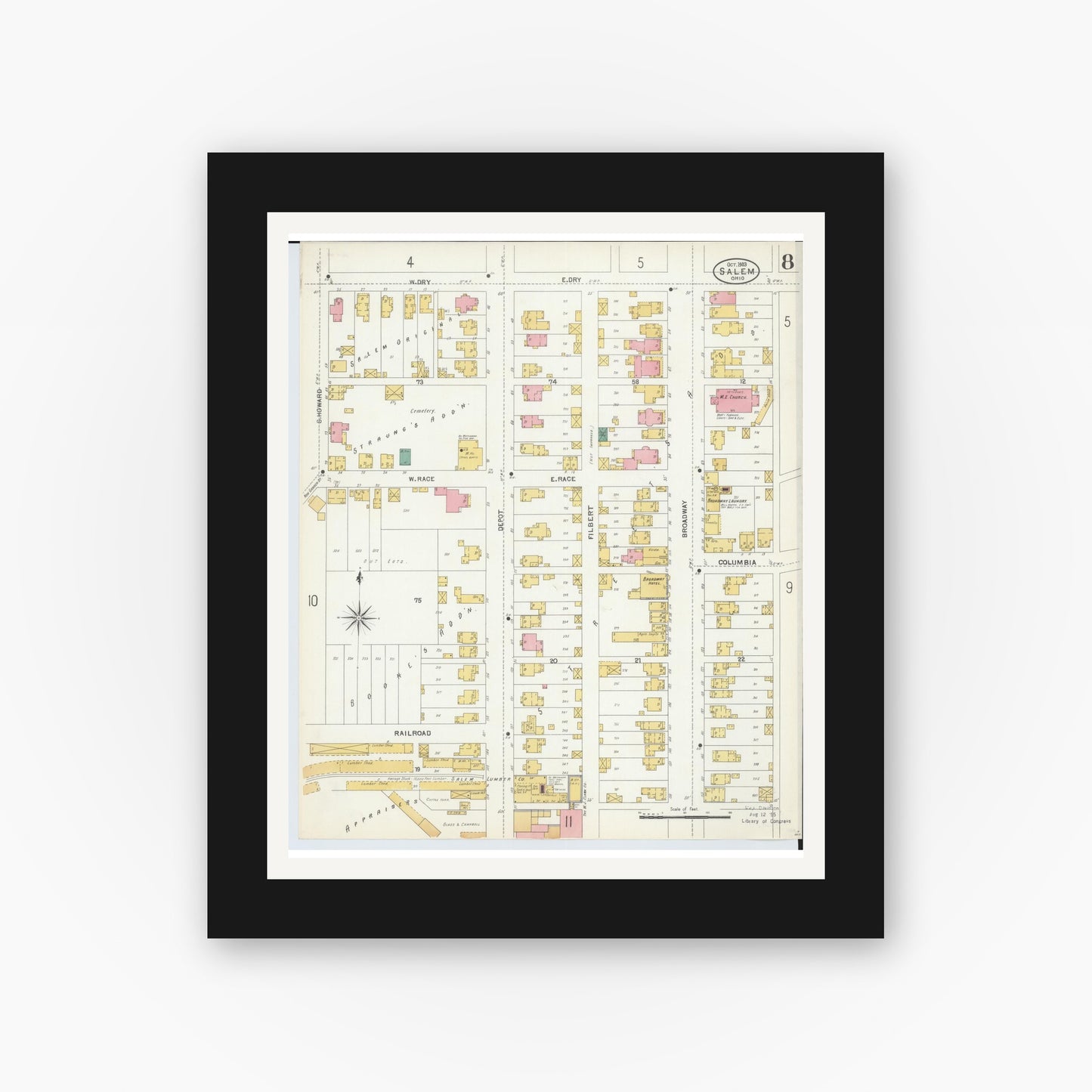 Old map wall art mockup — black gallery frame with white mat — Sanborn Fire Insurance Map from Salem, Columbiana County, Ohio (1903), Sheet #0008
