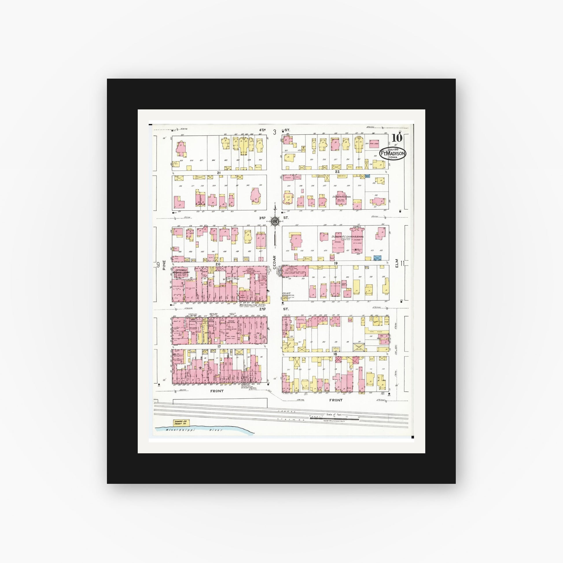 Old map wall art mockup — black gallery frame with white mat — Sanborn Fire Insurance Map from Fort Madison, Lee County, Iowa (1919), Sheet #0010