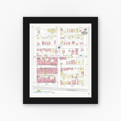 Old map wall art mockup — black gallery frame with white mat — Sanborn Fire Insurance Map from Fort Madison, Lee County, Iowa (1919), Sheet #0010
