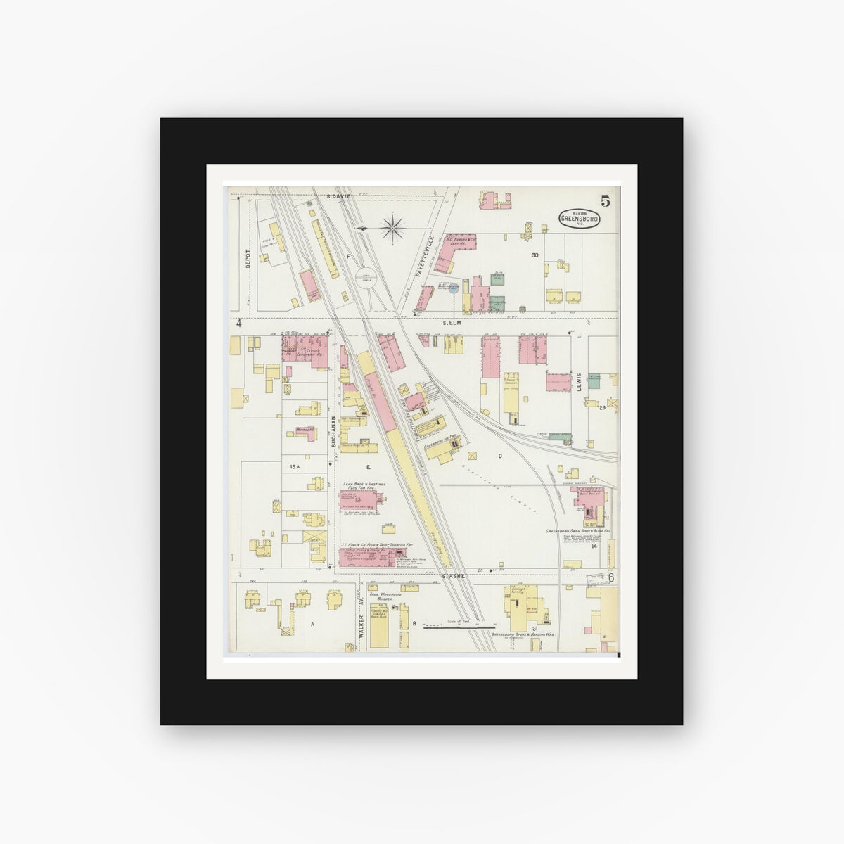 Old map wall art mockup — black gallery frame with white mat — Sanborn Fire Insurance Map from Greensboro, Guilford County, North Carolina (1896), Sheet #0005