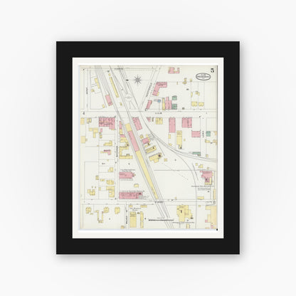 Old map wall art mockup — black gallery frame with white mat — Sanborn Fire Insurance Map from Greensboro, Guilford County, North Carolina (1896), Sheet #0005