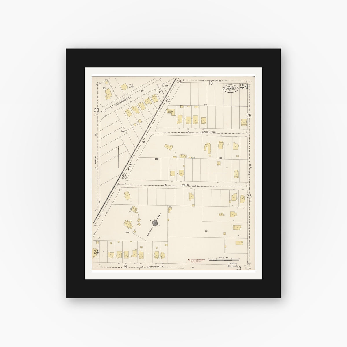 Old map wall art mockup — black gallery frame with white mat — Sanborn Fire Insurance Map from Alhambra, Los Angeles County, California (1912), Sheet #0024