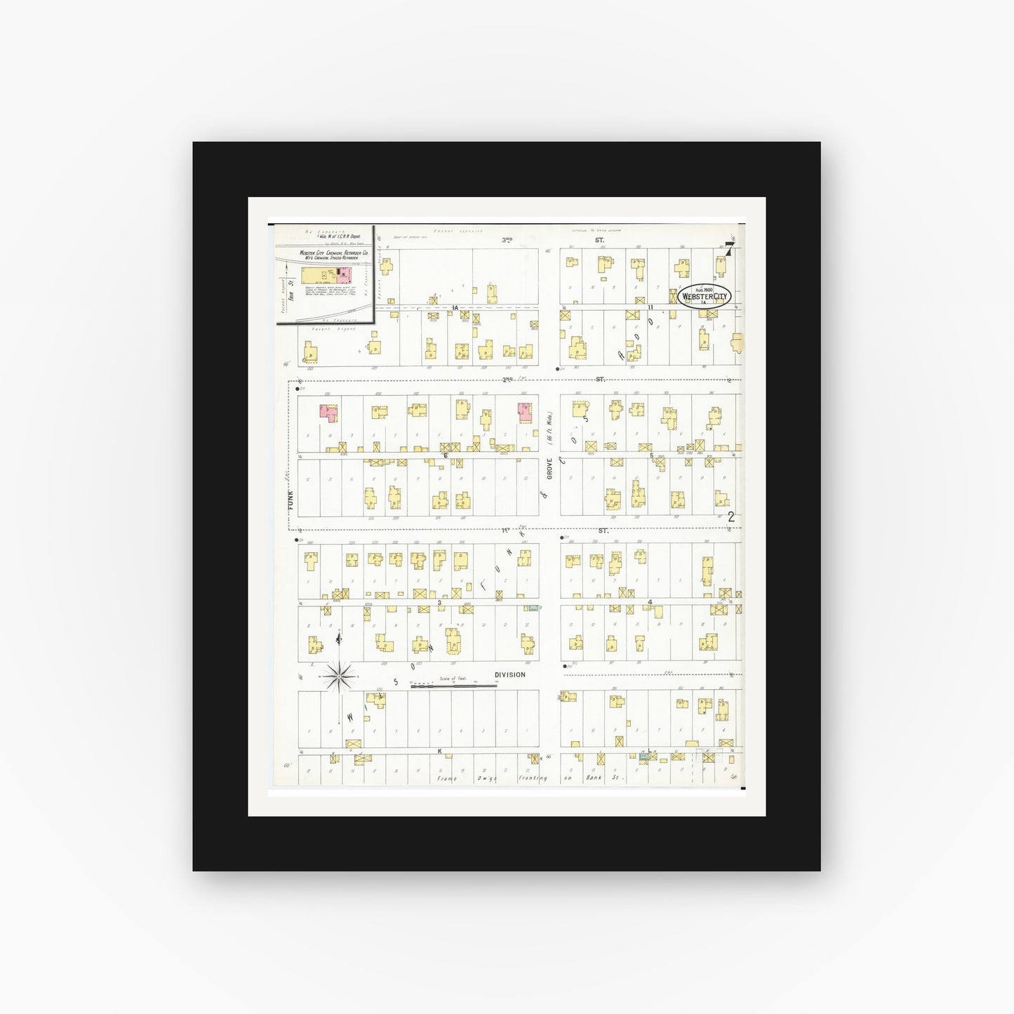 Old map wall art mockup — black gallery frame with white mat — Sanborn Fire Insurance Map from Webster City, Hamilton County, Iowa (1900), Sheet #0007