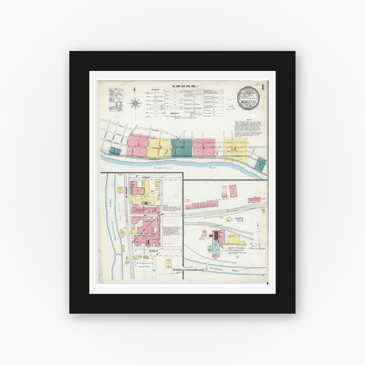 Old map wall art mockup — black gallery frame with white mat — Sanborn Fire Insurance Map from Marietta, Lancaster County, Pennsylvania (1896), Sheet #0001