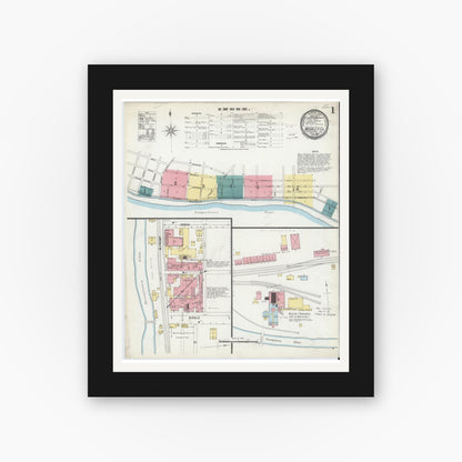 Old map wall art mockup — black gallery frame with white mat — Sanborn Fire Insurance Map from Marietta, Lancaster County, Pennsylvania (1896), Sheet #0001