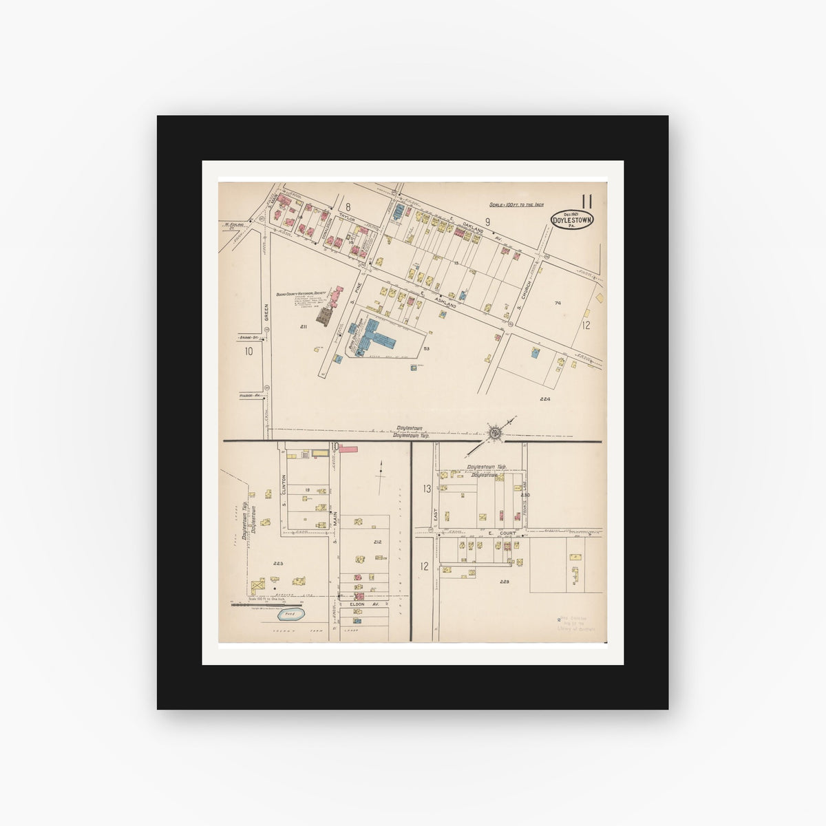 Old map wall art mockup — black gallery frame with white mat — Sanborn Fire Insurance Map from Doylestown, Bucks County, Pennsylvania (1922), Sheet #0011