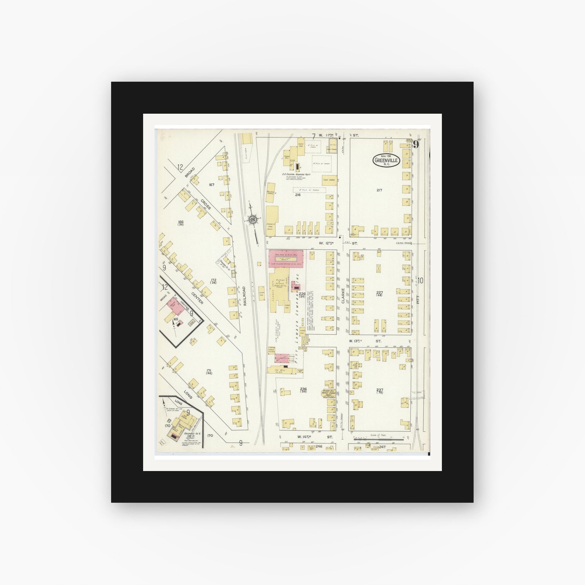 Old map wall art mockup — black gallery frame with white mat — Sanborn Fire Insurance Map from Greenville, Pitt County, North Carolina (1916), Sheet #0009
