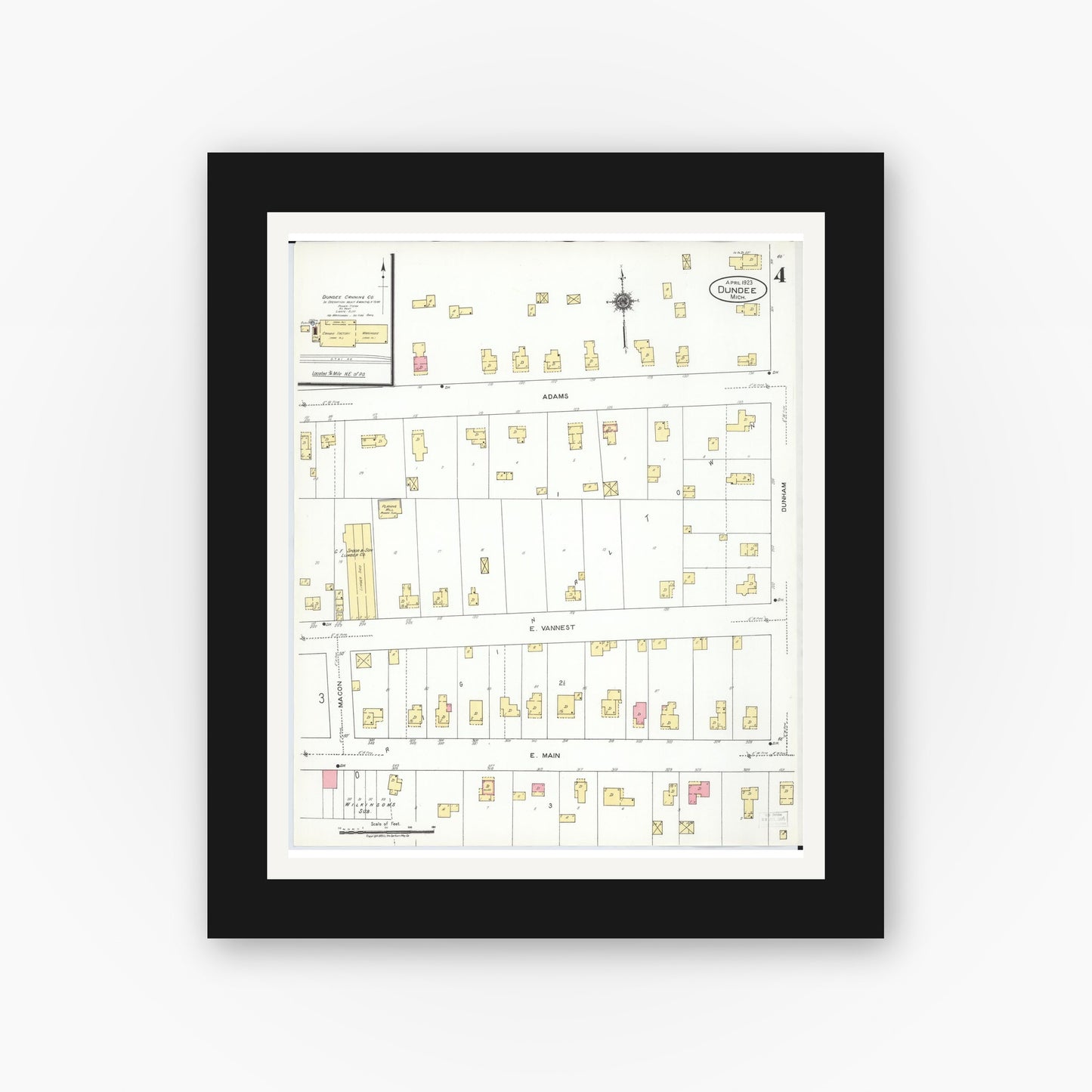 Old map wall art mockup — black gallery frame with white mat — Sanborn Fire Insurance Map from Dundee, Monroe County, Michigan (1923), Sheet #0004