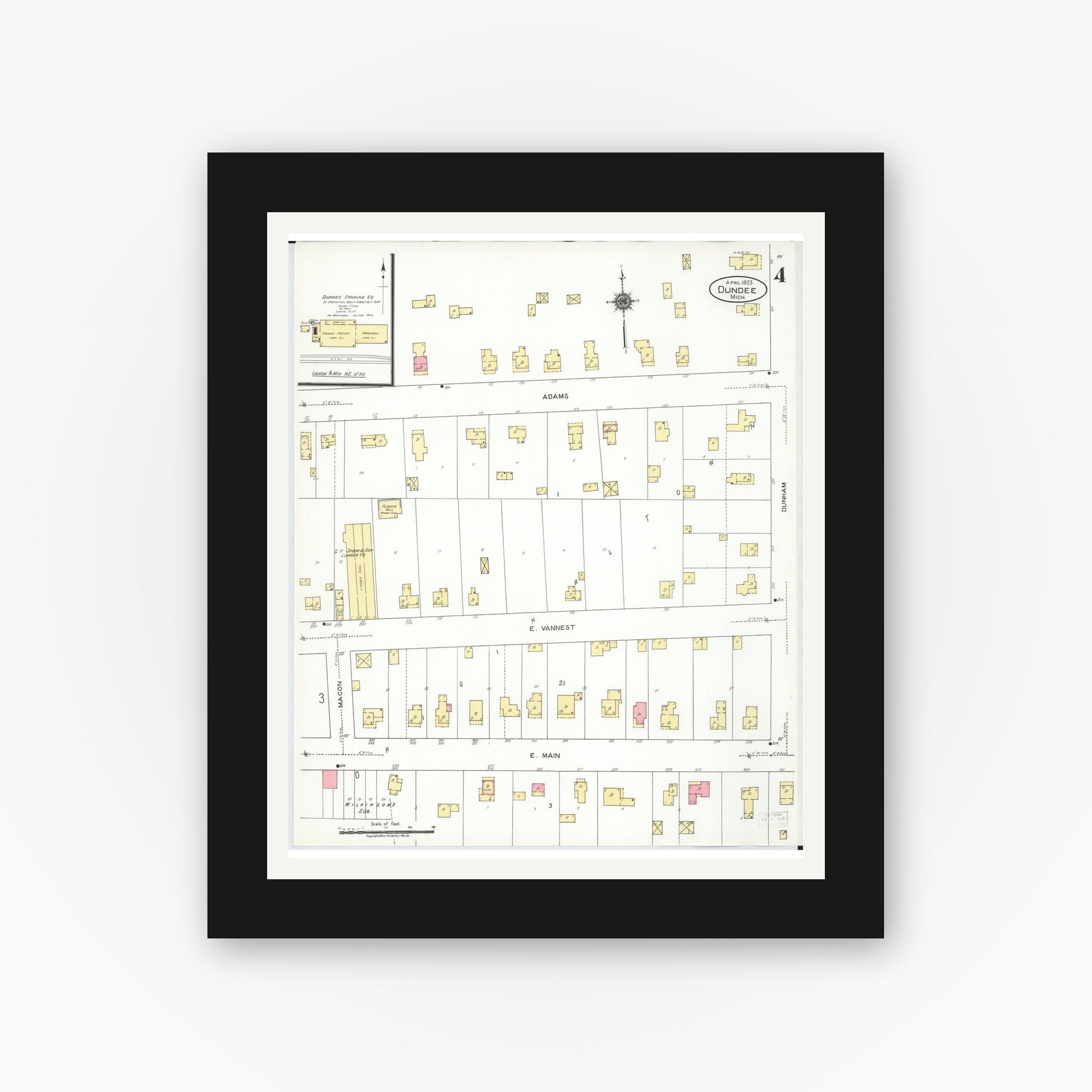 Old map wall art mockup — black gallery frame with white mat — Sanborn Fire Insurance Map from Dundee, Monroe County, Michigan (1923), Sheet #0004