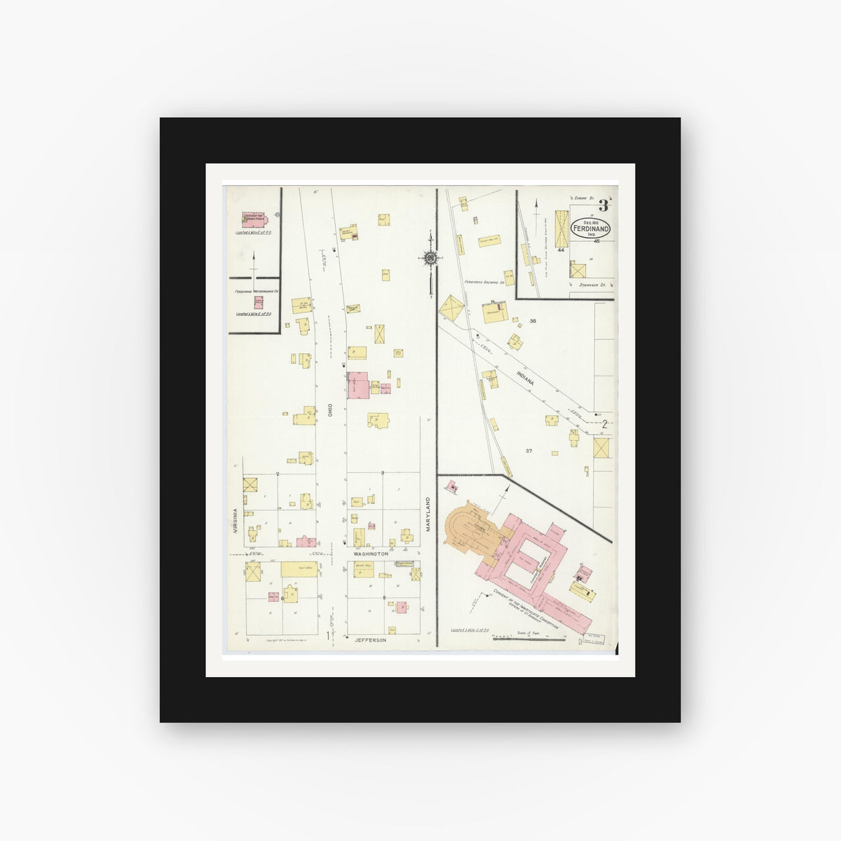 Old map wall art mockup — black gallery frame with white mat — Sanborn Fire Insurance Map from Ferdinand, Dubois County, Indiana (1916), Sheet #0003