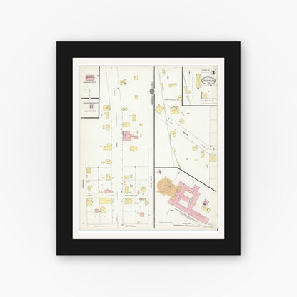 Old map wall art mockup — black gallery frame with white mat — Sanborn Fire Insurance Map from Ferdinand, Dubois County, Indiana (1916), Sheet #0003