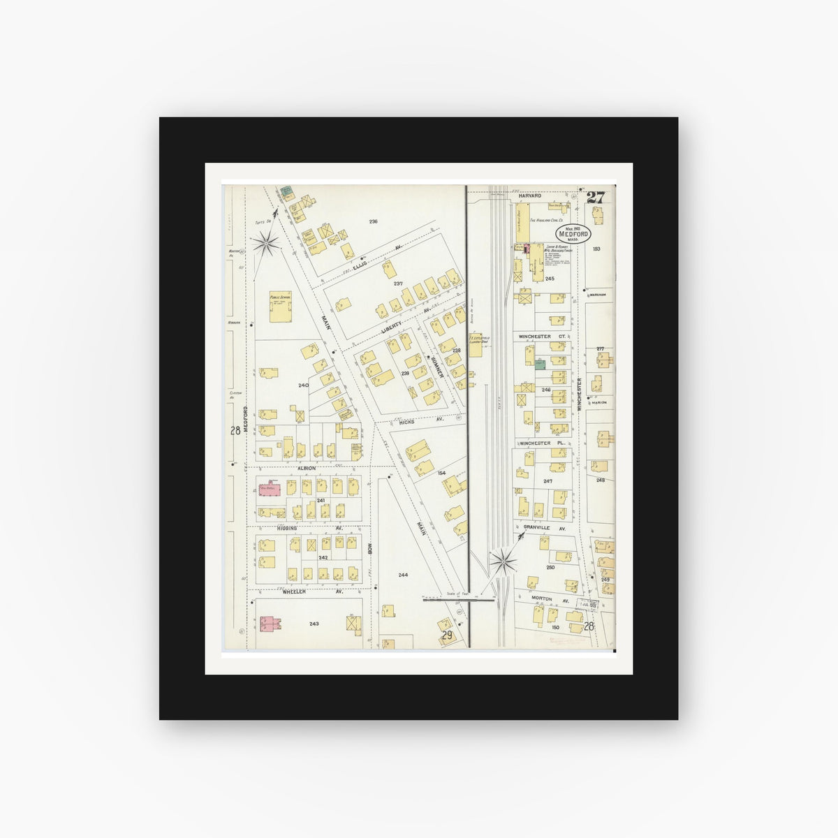 Old map wall art mockup — black gallery frame with white mat — Sanborn Fire Insurance Map from Medford, Middlesex County, Massachusetts (1903), Sheet #0027
