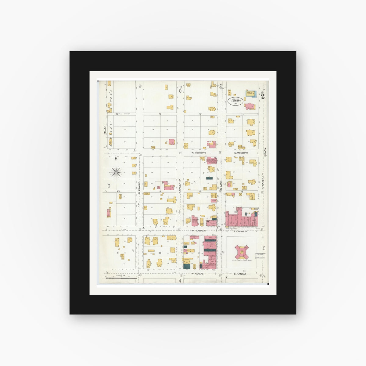 Old map wall art mockup — black gallery frame with white mat — Sanborn Fire Insurance Map from Liberty, Clay County, Missouri (1906), Sheet #0002