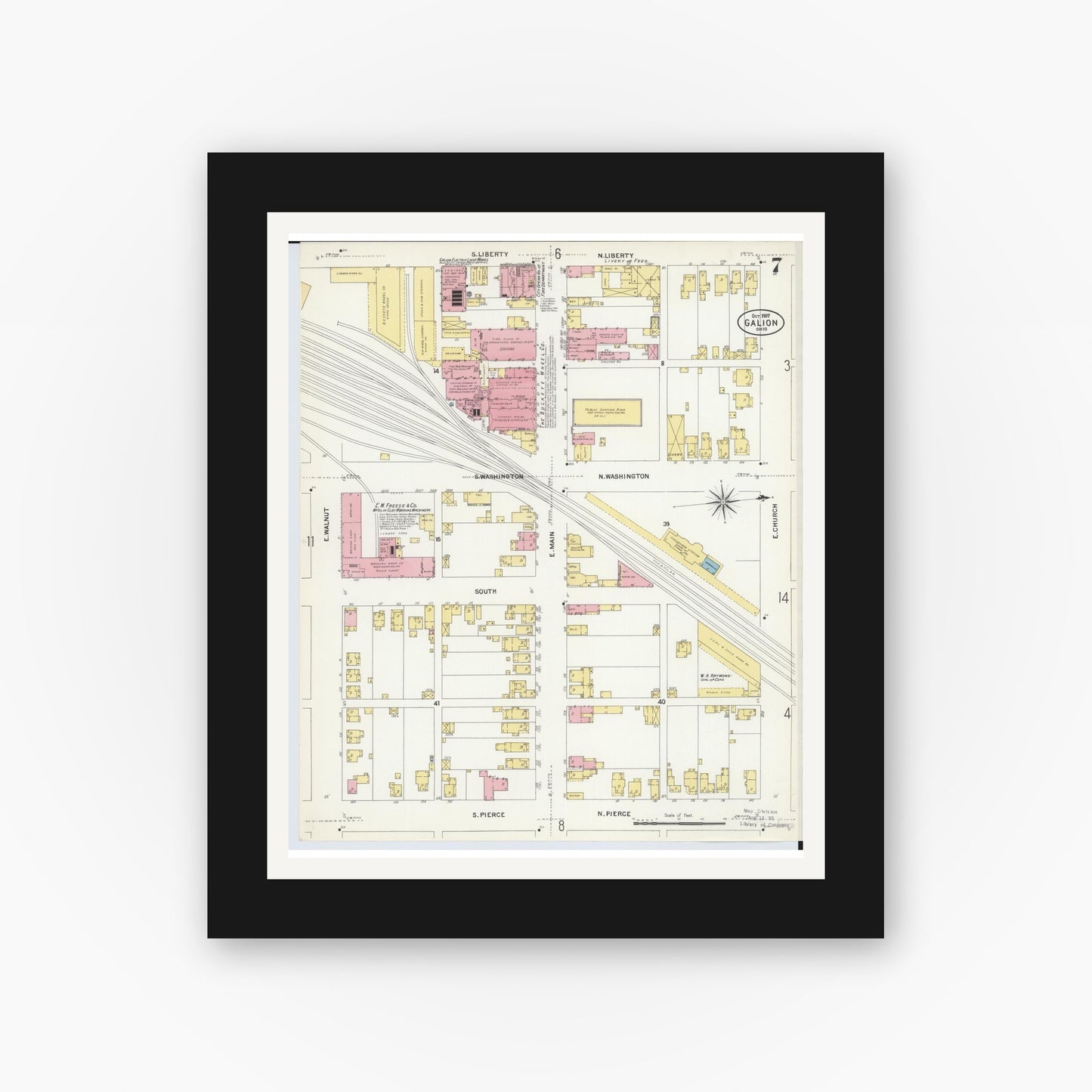 Old map wall art mockup — black gallery frame with white mat — Sanborn Fire Insurance Map from Galion, Crawford County, Ohio (1907), Sheet #0007