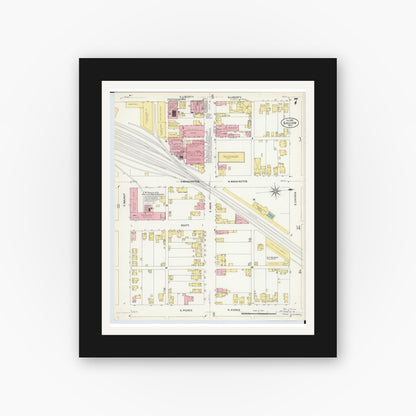 Old map wall art mockup — black gallery frame with white mat — Sanborn Fire Insurance Map from Galion, Crawford County, Ohio (1907), Sheet #0007
