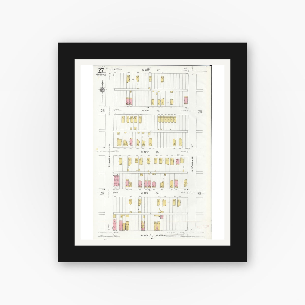 Old map wall art mockup — black gallery frame with white mat — Sanborn Fire Insurance Map from Chicago, Cook County, Illinois (1920), Sheet #0027