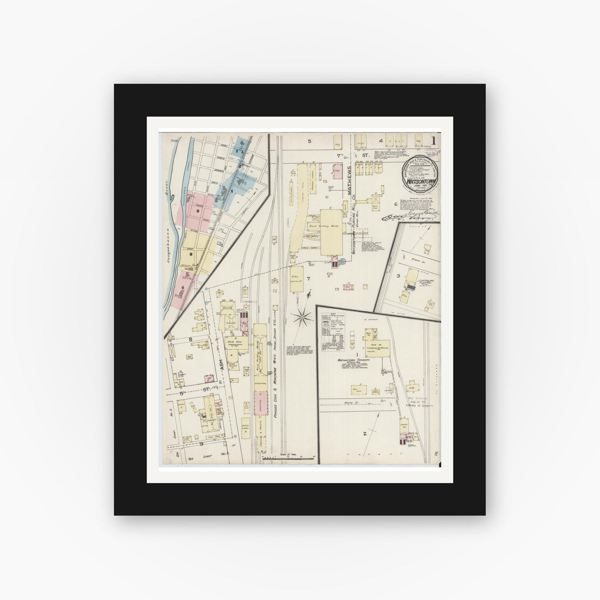 Old map wall art mockup — black gallery frame with white mat — Sanborn Fire Insurance Map from Watsontown, Northumberland County, Pennsylvania (1887), Sheet #0001