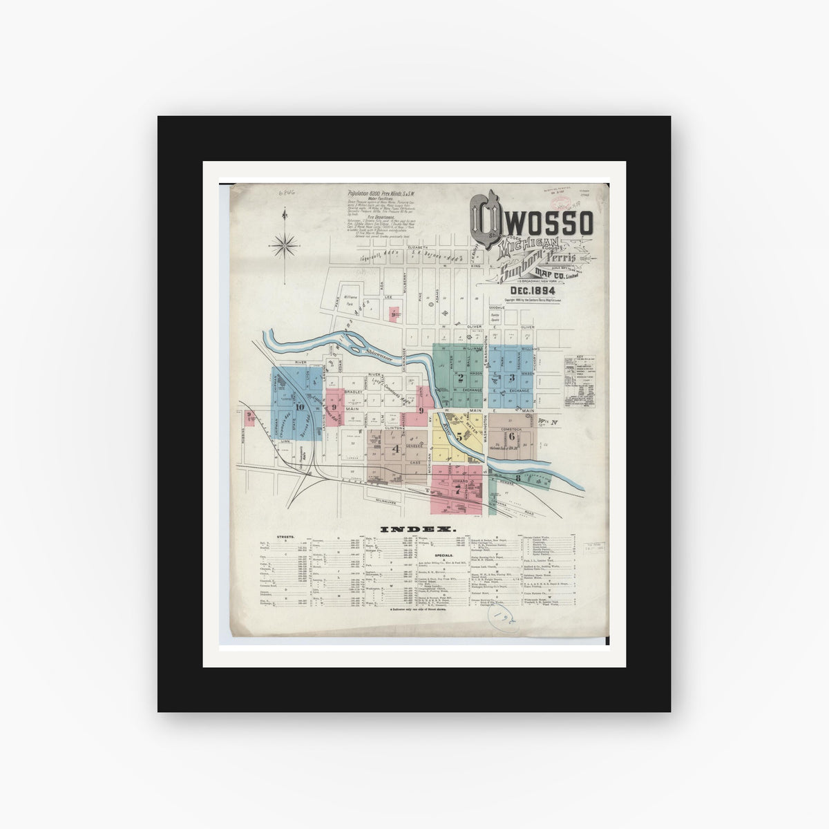 Old map wall art mockup — black gallery frame with white mat — Sanborn Fire Insurance Map from Owosso, Shiawassee County, Michigan (1894), Sheet #0001