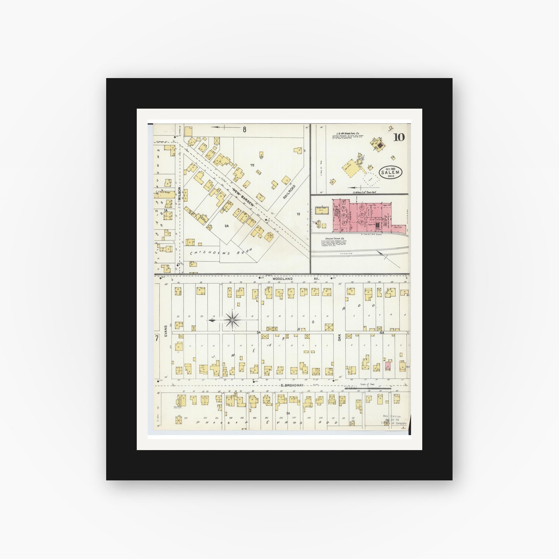 Old map wall art mockup — black gallery frame with white mat — Sanborn Fire Insurance Map from Salem, Columbiana County, Ohio (1903), Sheet #0010