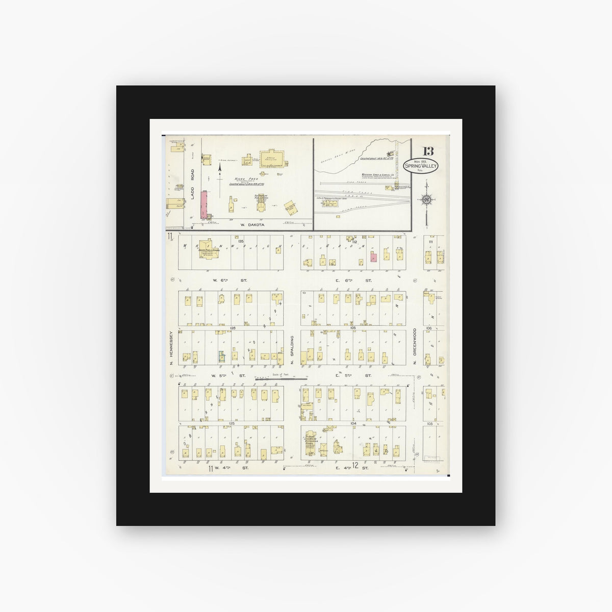Old map wall art mockup — black gallery frame with white mat — Sanborn Fire Insurance Map from Spring Valley, Bureau County, Illinois (1913), Sheet #0013
