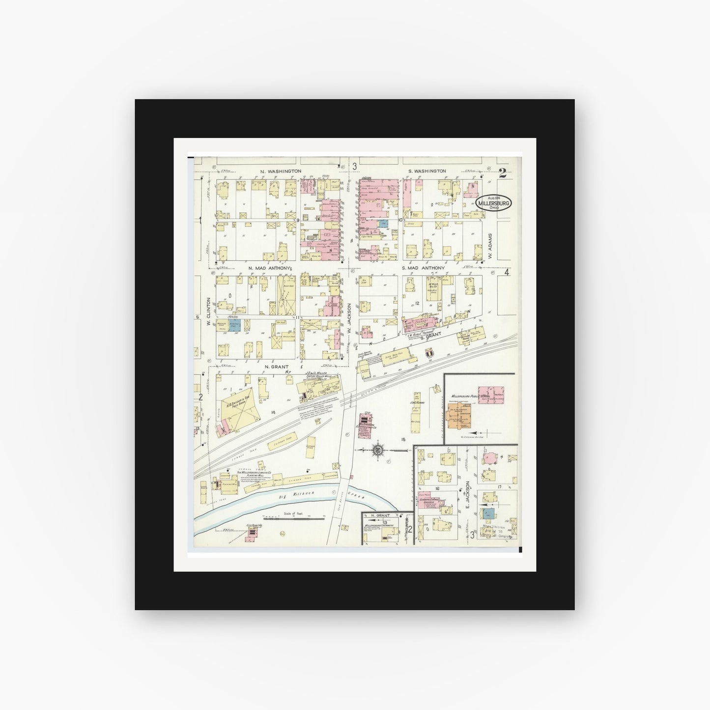 Old map wall art mockup — black gallery frame with white mat — Sanborn Fire Insurance Map from Millersburg, Holmes County, Ohio (1914), Sheet #0002