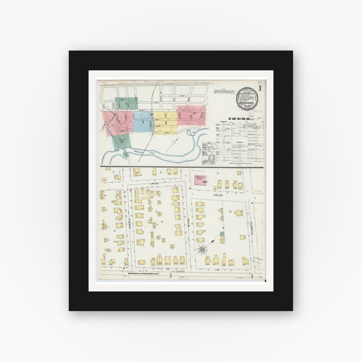 Old map wall art mockup — black gallery frame with white mat — Sanborn Fire Insurance Map from Hackensack, Bergen County, New Jersey (1896) - Complete Map Set