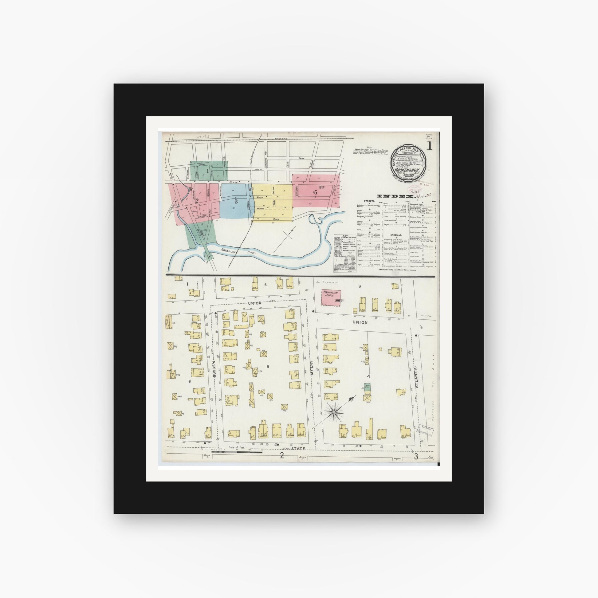 Old map wall art mockup — black gallery frame with white mat — Sanborn Fire Insurance Map from Hackensack, Bergen County, New Jersey (1896) - Complete Map Set