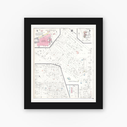 Old map wall art mockup — black gallery frame with white mat — Sanborn Fire Insurance Map from Crystal Lake, McHenry County, Illinois (1955), Sheet #0009