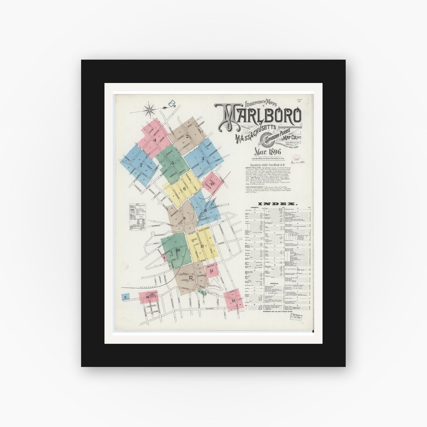 Old map wall art mockup — black gallery frame with white mat — Sanborn Fire Insurance Map from Marlborough, Middlesex County, Massachusetts (1896), Sheet #0001