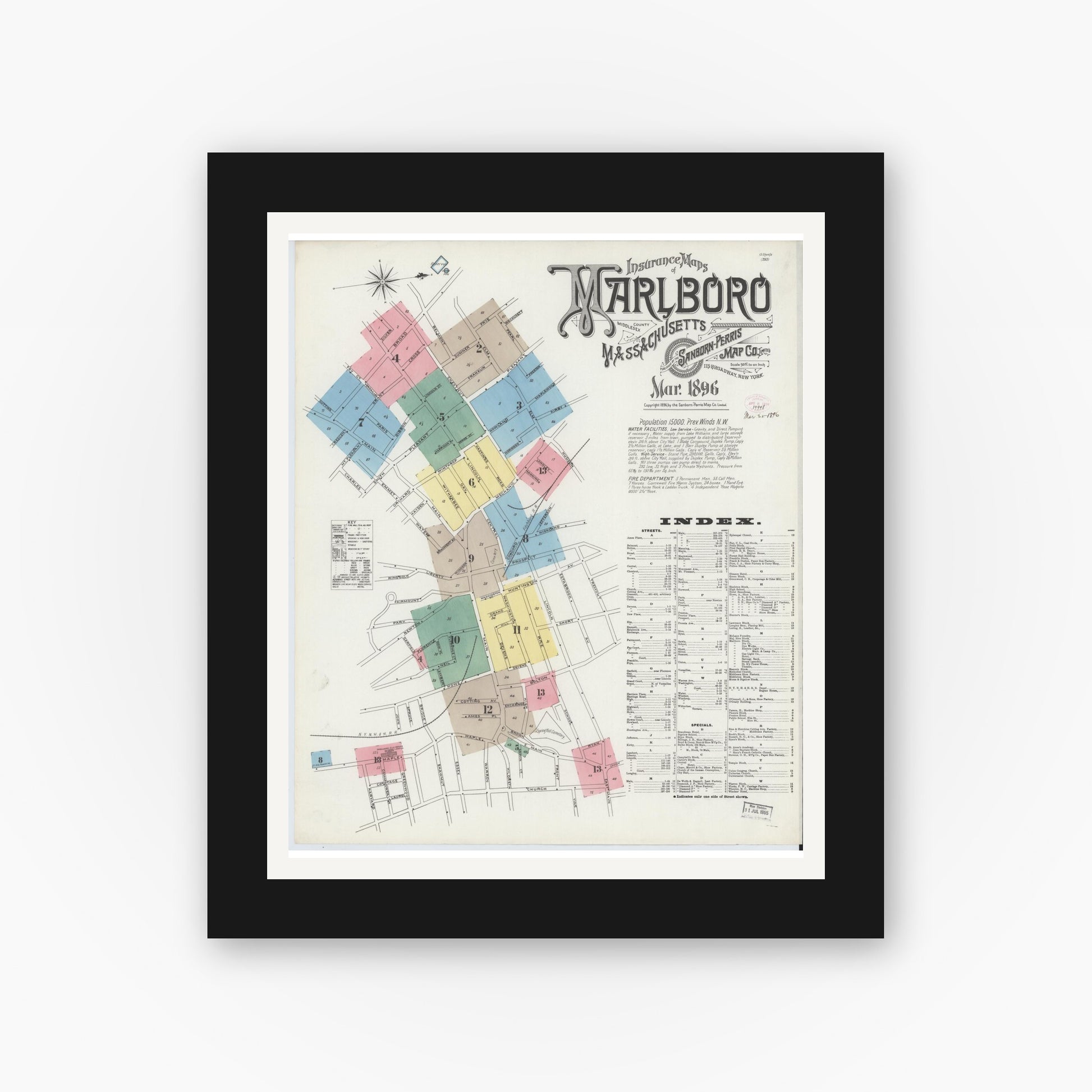 Old map wall art mockup — black gallery frame with white mat — Sanborn Fire Insurance Map from Marlborough, Middlesex County, Massachusetts (1896), Sheet #0001