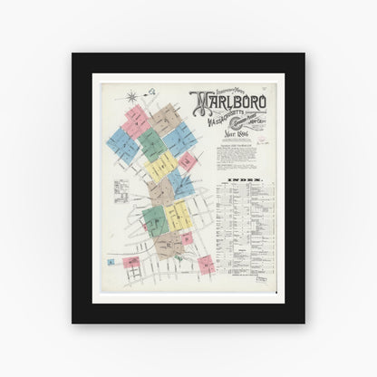 Old map wall art mockup — black gallery frame with white mat — Sanborn Fire Insurance Map from Marlborough, Middlesex County, Massachusetts (1896), Sheet #0001