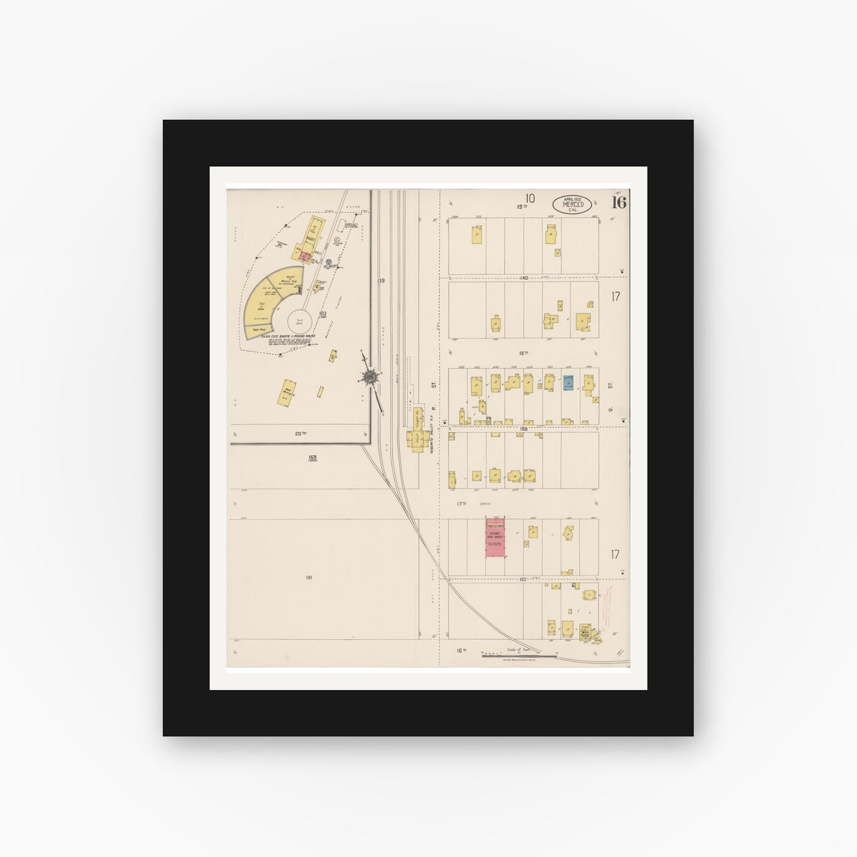 Old map wall art mockup — black gallery frame with white mat — Sanborn Fire Insurance Map from Merced, Merced County, California (1922), Sheet #0016