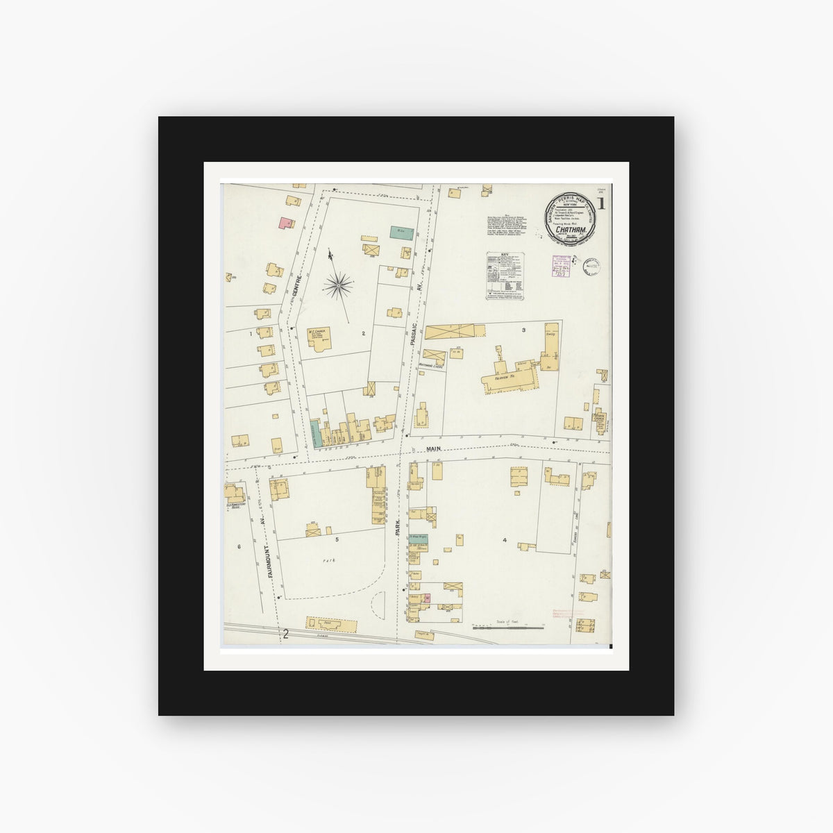 Old map wall art mockup — black gallery frame with white mat — Sanborn Fire Insurance Map from Chatham, Morris County, New Jersey (1901), Sheet #0001