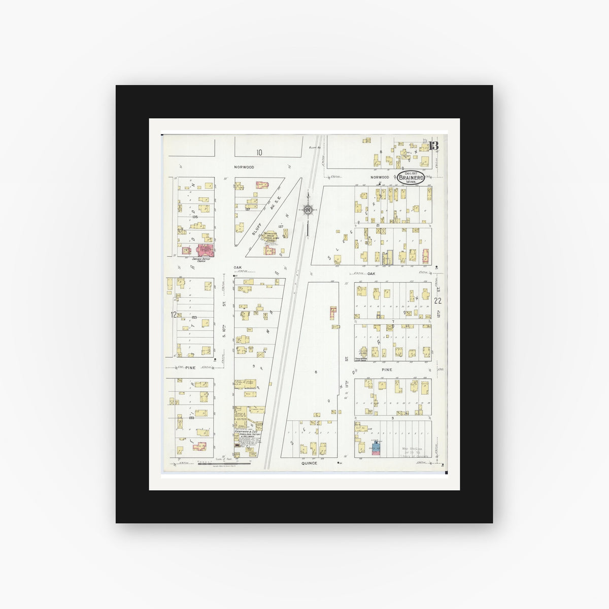 Old map wall art mockup — black gallery frame with white mat — Sanborn Fire Insurance Map from Brainerd, Crow Wing County, Minnesota (1917), Sheet #0013