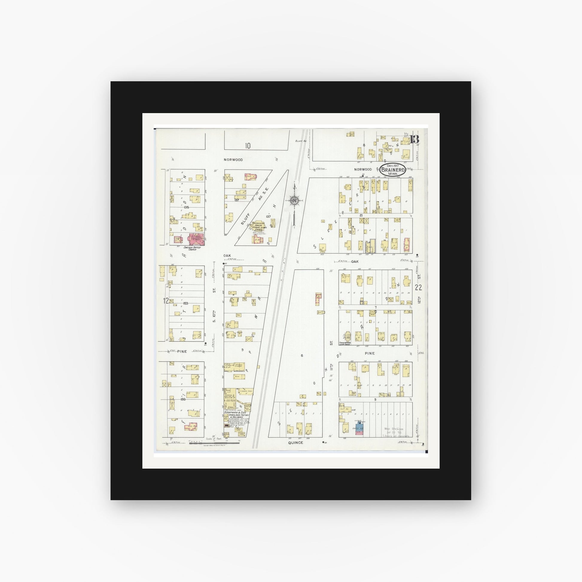 Old map wall art mockup — black gallery frame with white mat — Sanborn Fire Insurance Map from Brainerd, Crow Wing County, Minnesota (1917), Sheet #0013