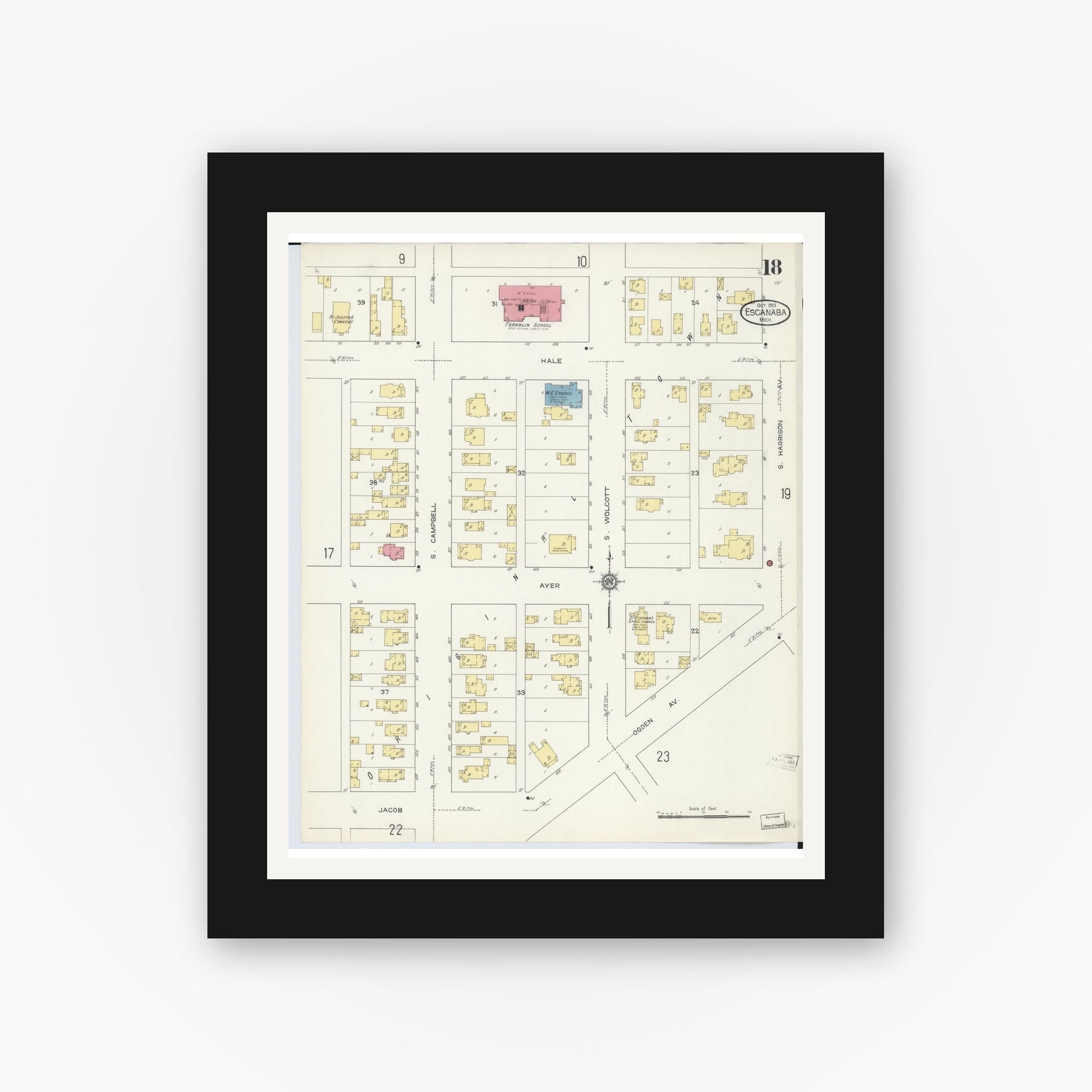Old map wall art mockup — black gallery frame with white mat — Sanborn Fire Insurance Map from Escanaba, Delta County, Michigan (1913), Sheet #0018