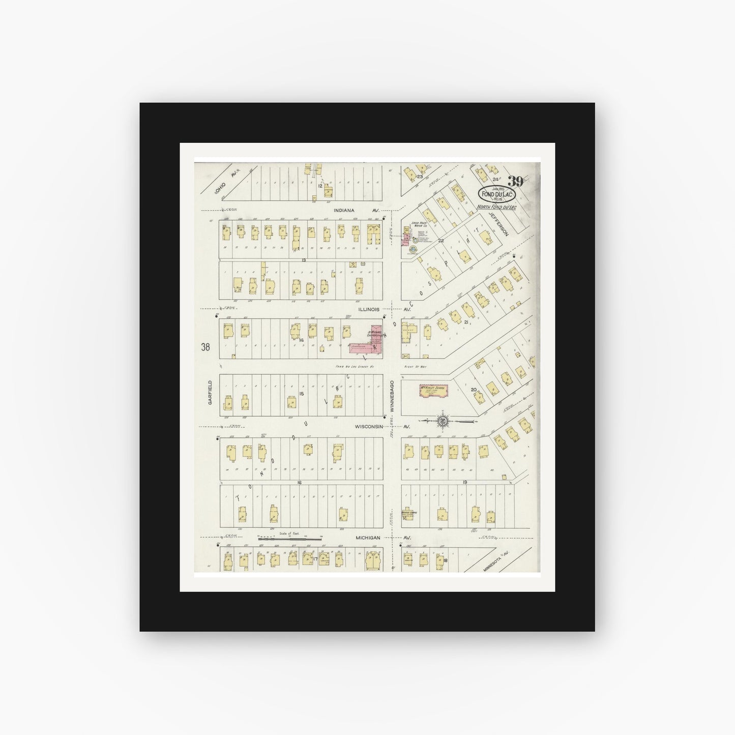 Old map wall art mockup — black gallery frame with white mat — Sanborn Fire Insurance Map from Fond du Lac, Fond du Lac County, Wisconsin (1915), Sheet #0039
