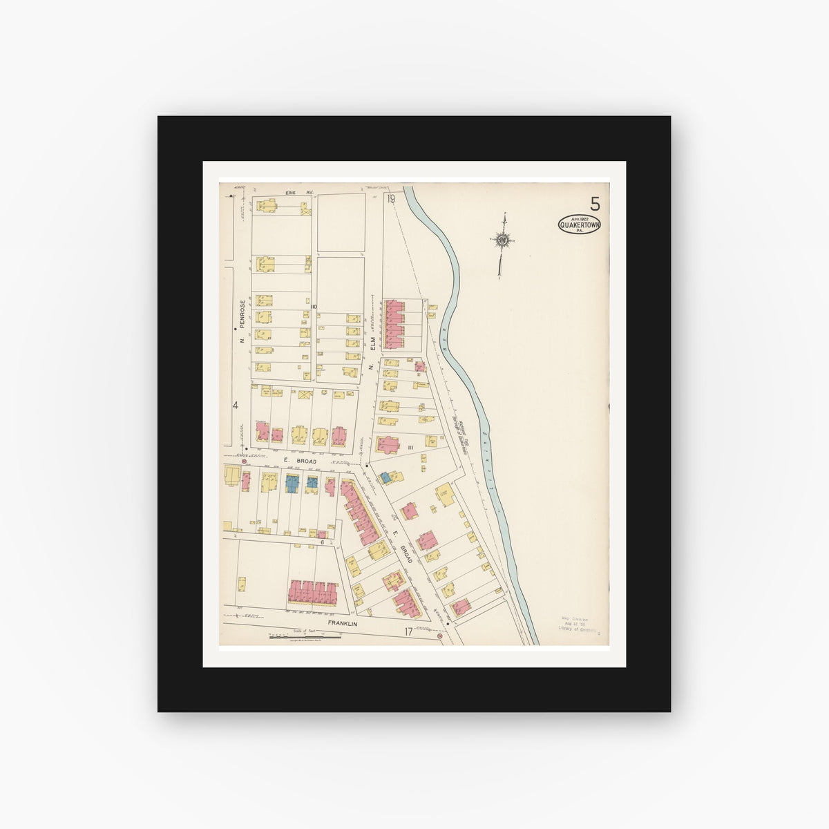 Old map wall art mockup — black gallery frame with white mat — Sanborn Fire Insurance Map from Quakertown, Bucks County, Pennsylvania (1922), Sheet #0005