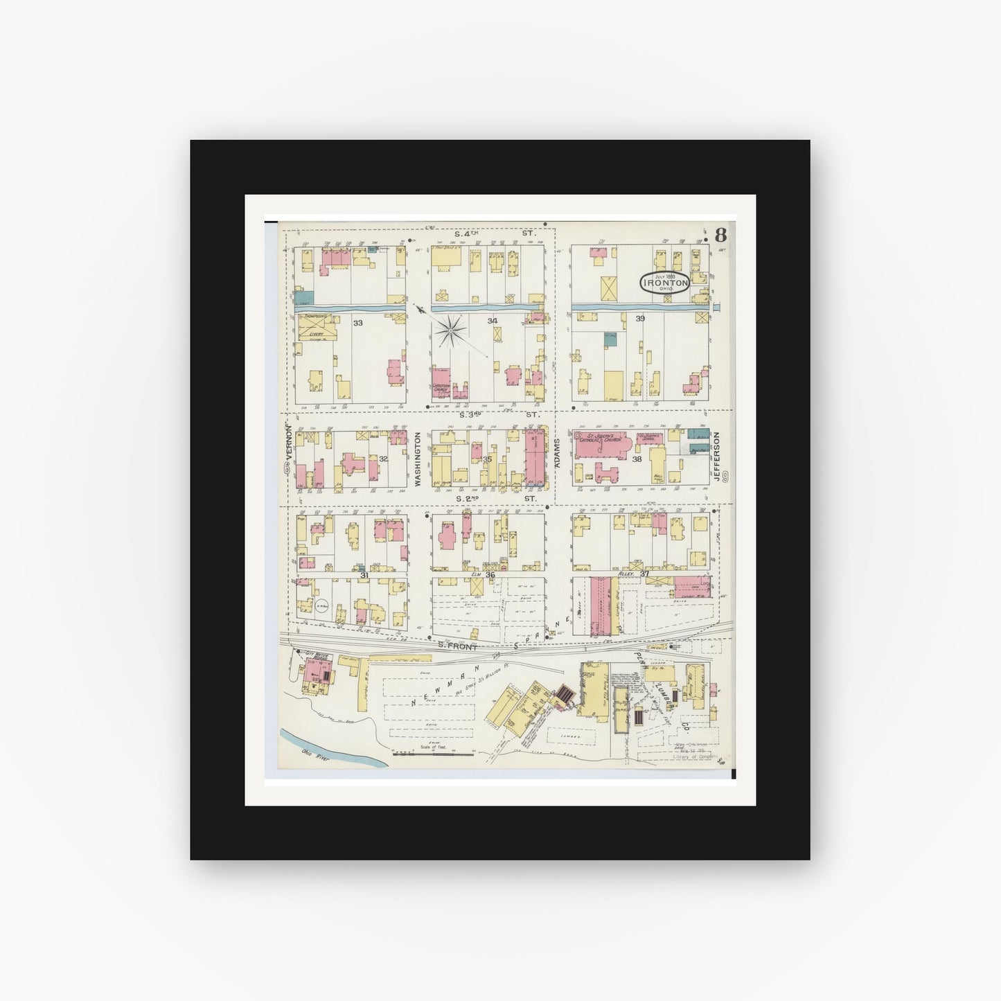 Old map wall art mockup — black gallery frame with white mat — Sanborn Fire Insurance Map from Ironton, Lawrence County, Ohio (1893), Sheet #0008