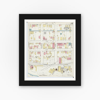 Old map wall art mockup — black gallery frame with white mat — Sanborn Fire Insurance Map from Ironton, Lawrence County, Ohio (1893), Sheet #0008