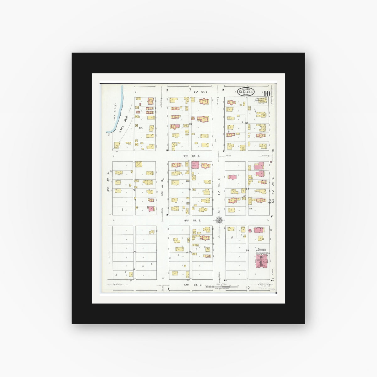 Old map wall art mockup — black gallery frame with white mat — Sanborn Fire Insurance Map from Saint Cloud, Stearns, Benton, and Sherburne Counties, Minnesota (1919), Sheet #0010