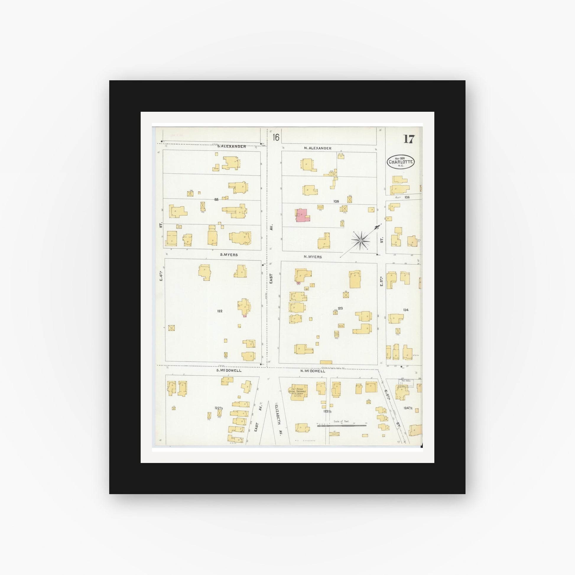 Old map wall art mockup — black gallery frame with white mat — Sanborn Fire Insurance Map from Charlotte, Mecklenburg County, North Carolina (1905), Sheet #0017