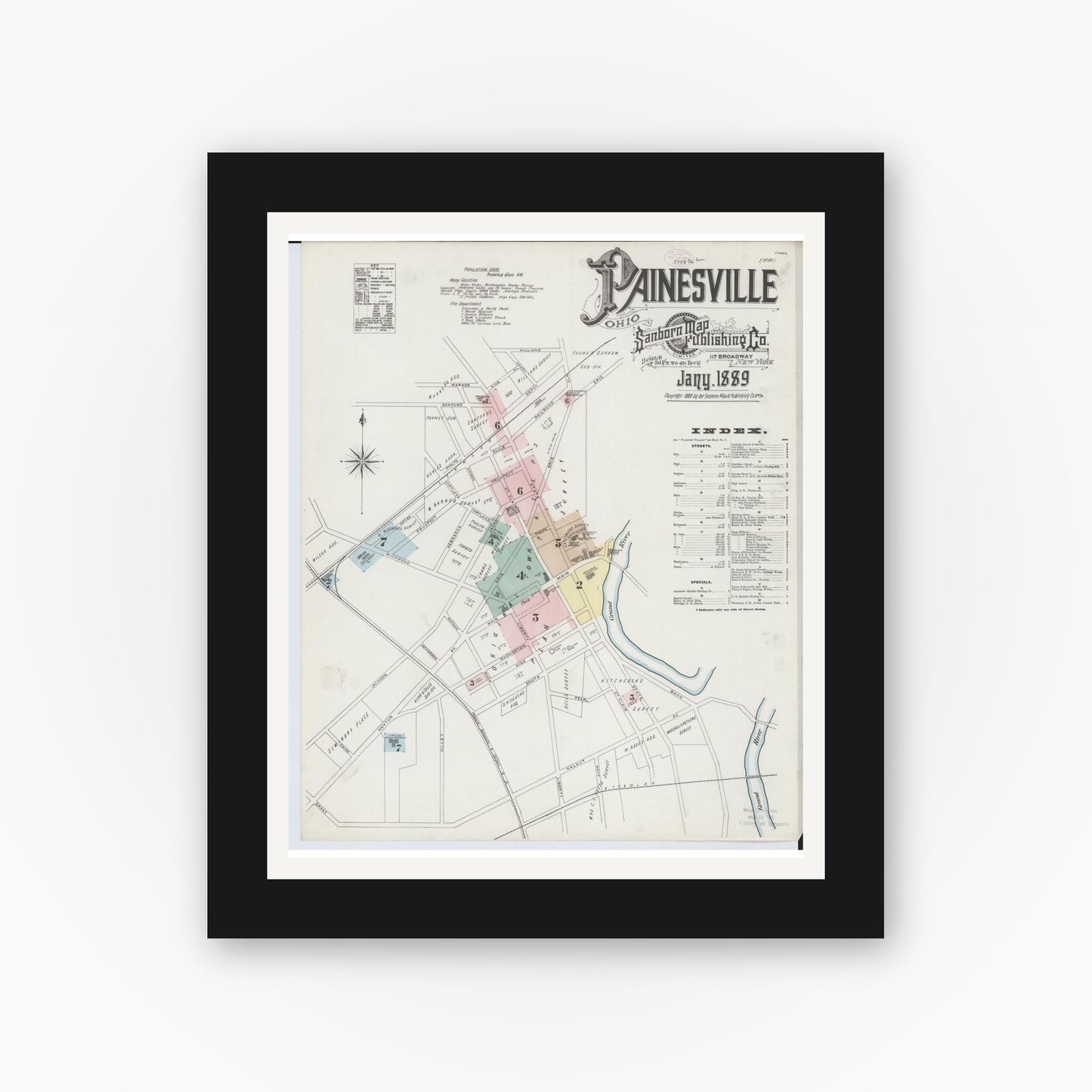 Old map wall art mockup — black gallery frame with white mat — Sanborn Fire Insurance Map from Painesville, Lake County, Ohio (1889), Sheet #0001