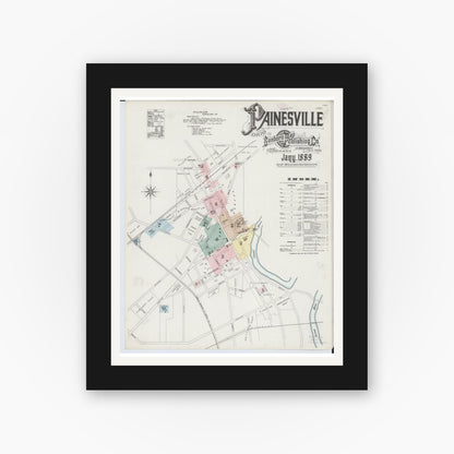 Old map wall art mockup — black gallery frame with white mat — Sanborn Fire Insurance Map from Painesville, Lake County, Ohio (1889), Sheet #0001