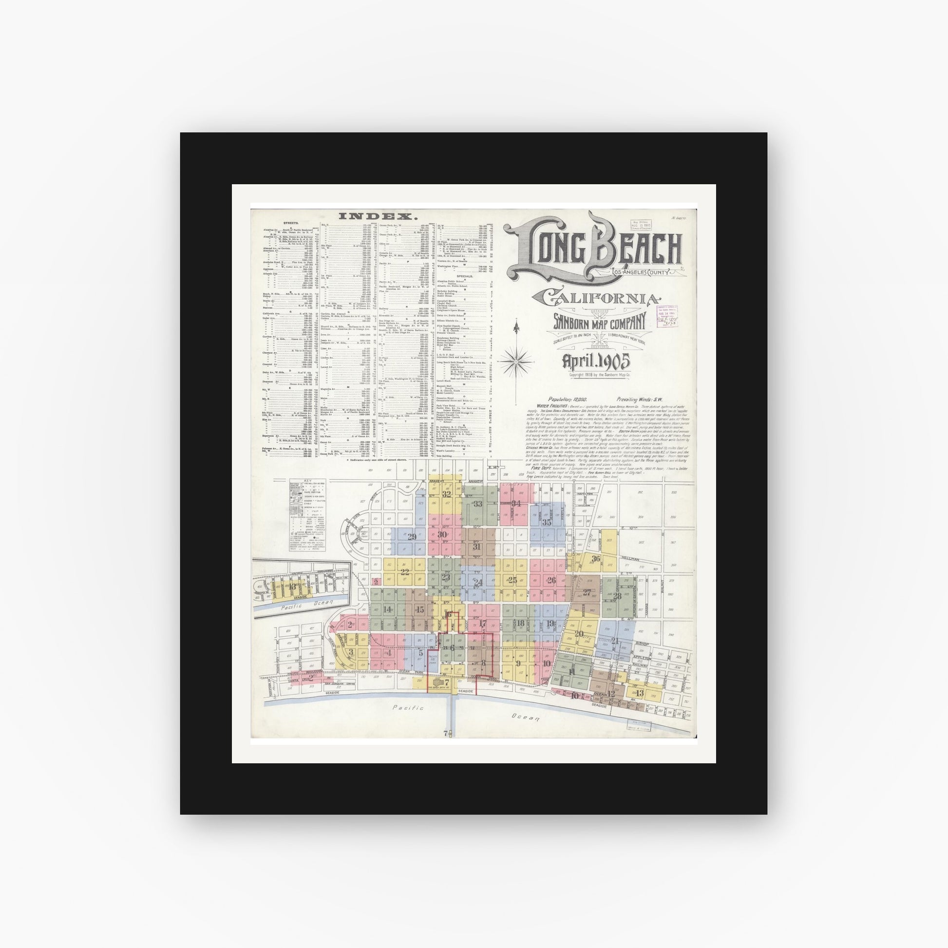 Old map wall art mockup — black gallery frame with white mat — Sanborn Fire Insurance Map from Long Beach, Los Angeles County, California (1905) - Complete Map Set
