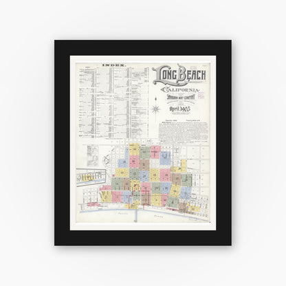 Old map wall art mockup — black gallery frame with white mat — Sanborn Fire Insurance Map from Long Beach, Los Angeles County, California (1905) - Complete Map Set