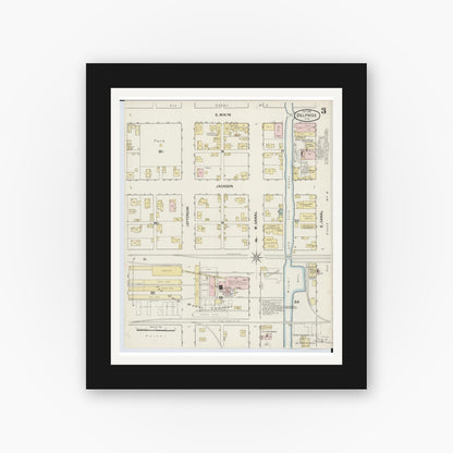 Old map wall art mockup — black gallery frame with white mat — Sanborn Fire Insurance Map from Delphos, Van Wert And Allen Counties, Ohio (1888), Sheet #0003