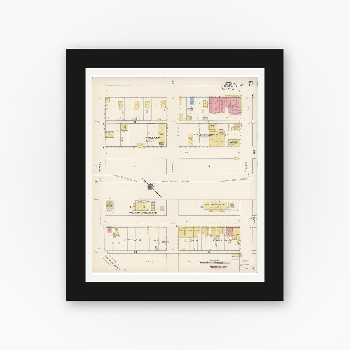 Old map wall art mockup — black gallery frame with white mat — Sanborn Fire Insurance Map from Dinuba, Tulare County, California (1912), Sheet #0007