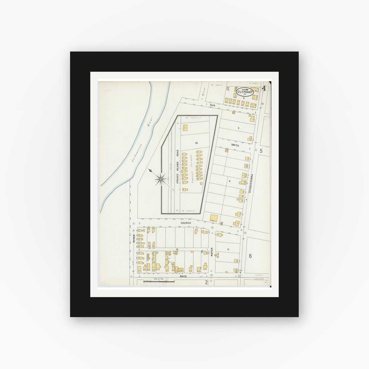 Old map wall art mockup — black gallery frame with white mat — Sanborn Fire Insurance Map from Olyphant, Lackawanna County, Pennsylvania (1898), Sheet #0004